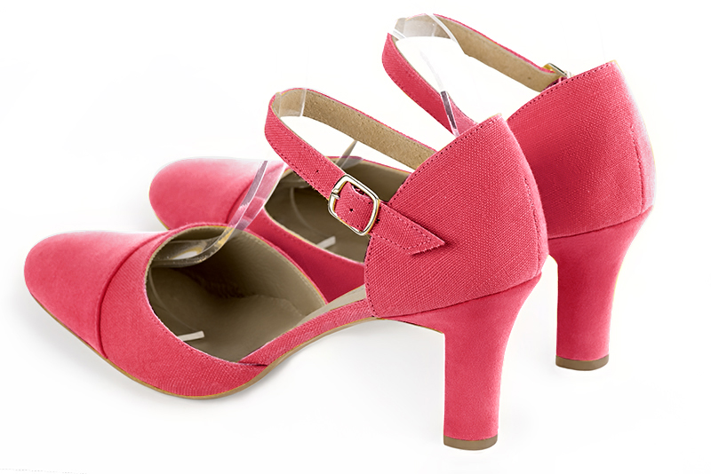 Carnation pink women's open side shoes, with an instep strap. Round toe. High kitten heels. Rear view - Florence KOOIJMAN